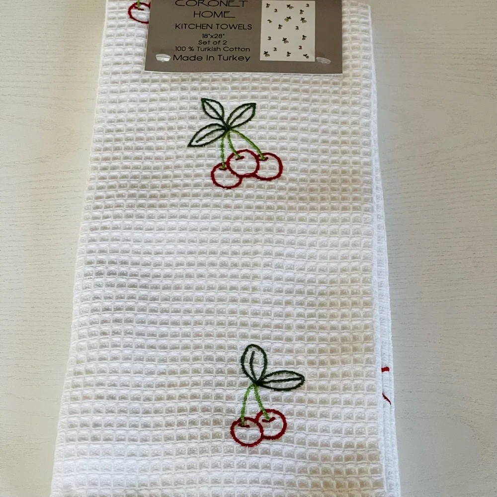 Coronet Home, White, Cherry Red Embroidered Kitchen Towels, Sz 18x28